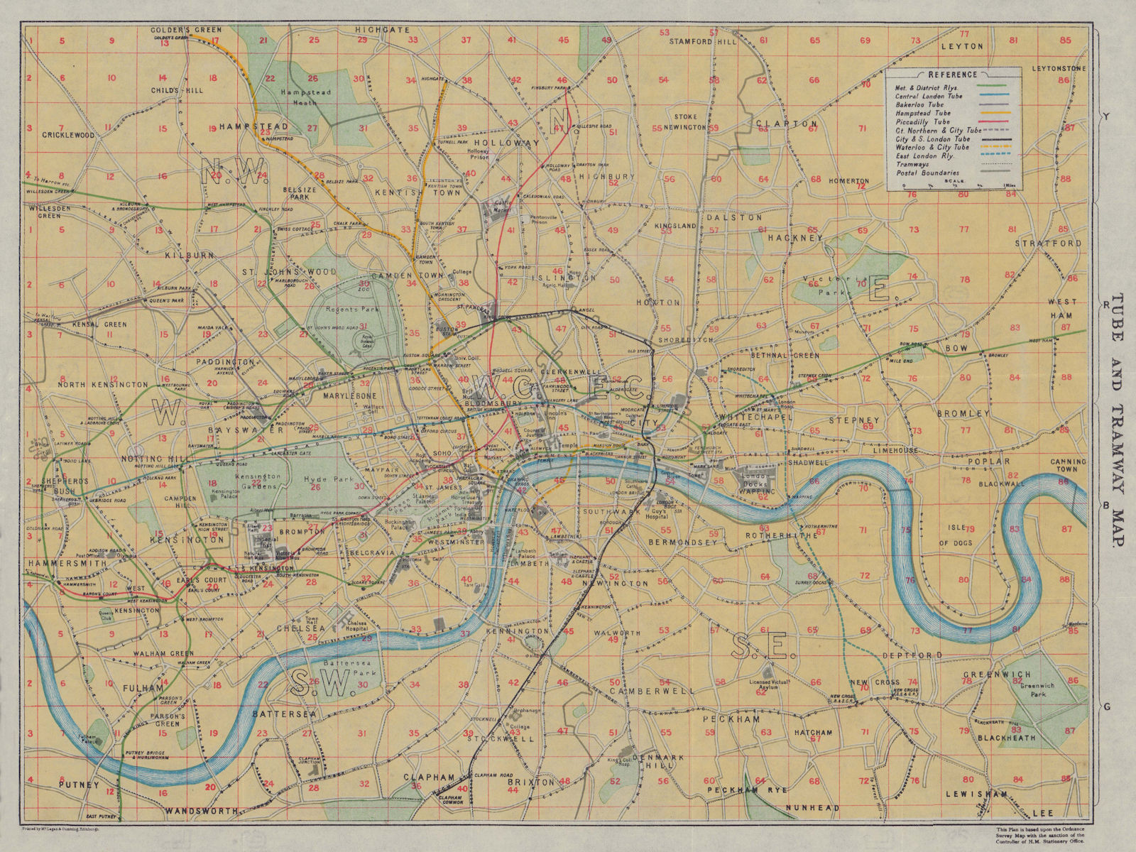 Tube and Tramway map of London. Underground 1920 old antique plan chart